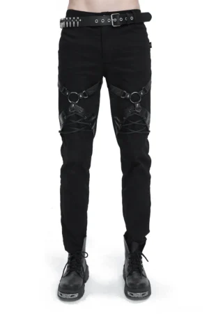 Black gothic leather harness slim-fit pants front view on male model with studded belt and thigh straps