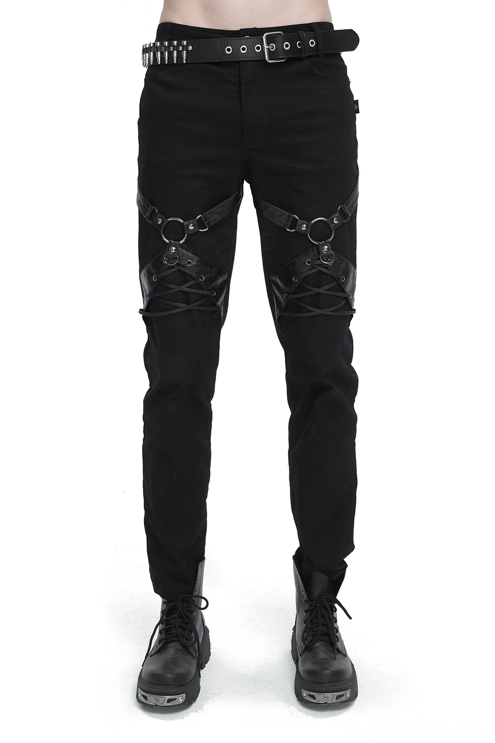 Black gothic leather harness slim-fit pants front view on male model with studded belt and thigh straps