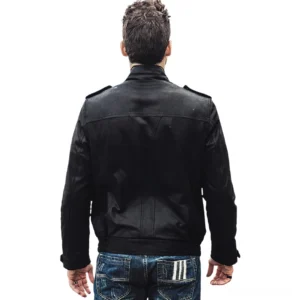 Gothic men's leather jacket back view showing shoulder epaulets and classic motorcycle silhouette
