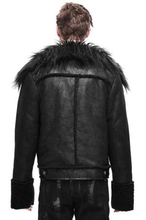Black gothic punk leather jacket rear view showing stitched back panel and faux shearling cuffs
