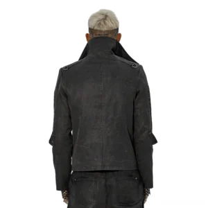 Distressed gothic jacket rear view showing stand collar, adjustable sleeve straps and industrial stitching detail