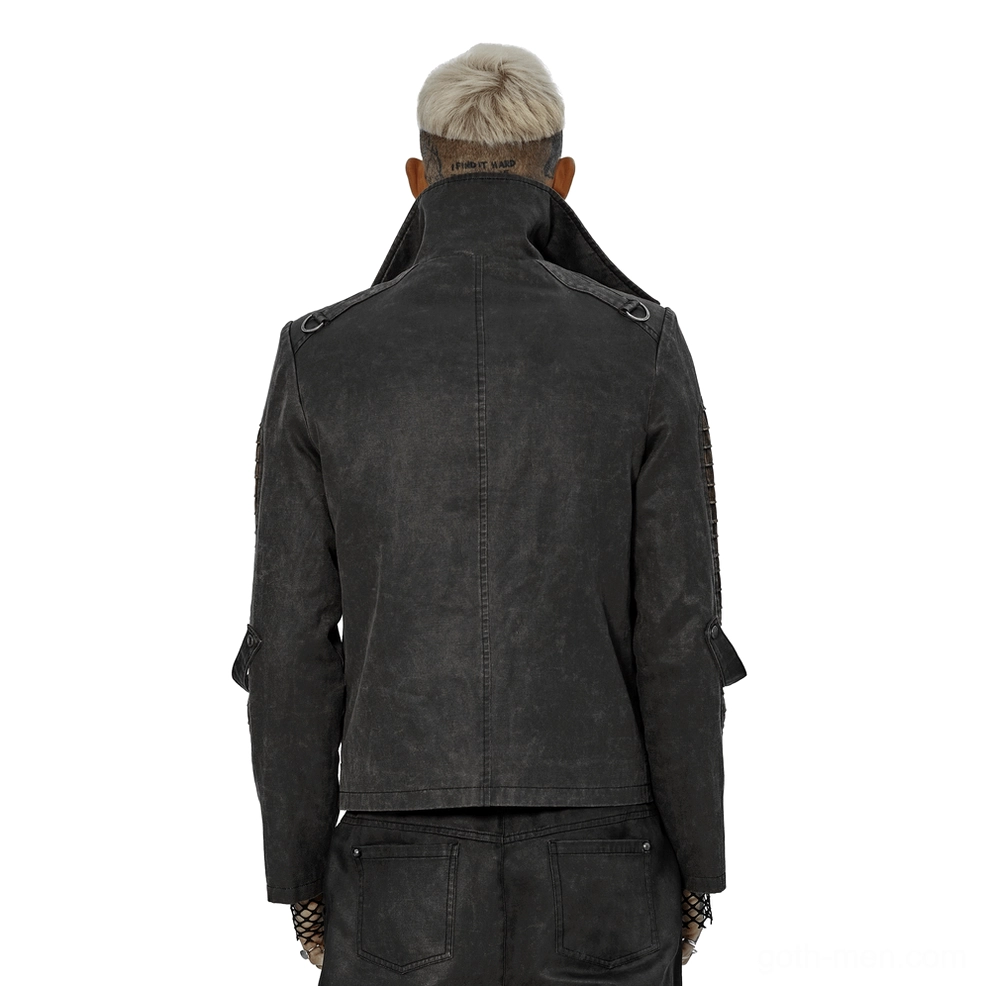 Distressed gothic jacket rear view showing stand collar, adjustable sleeve straps and industrial stitching detail