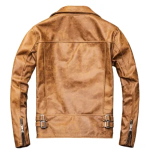 Tan distressed leather jacket back view with adjustable waist buckles and reinforced stitching detail