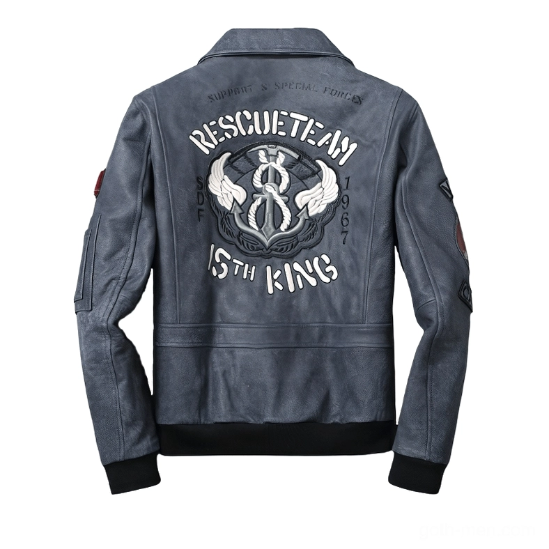 Black leather gothic jacket back view showing rescue team embroidery and anchor wing patch design detail