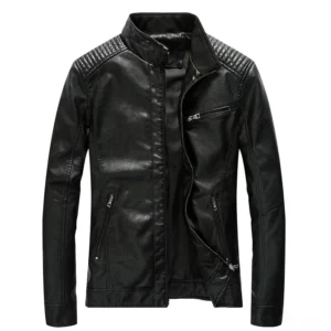 Black PU leather motorcycle jacket flat lay front open view, showing zippered pockets and quilted shoulder accents, alternative fashion style