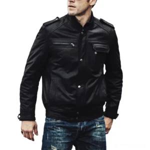 Men's gothic leather motorcycle jacket black front three-quarter view with stand collar and silver hardware