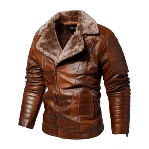 Brown distressed leather jacket with fluffy fur collar and quilted sleeve panels, front flat lay view