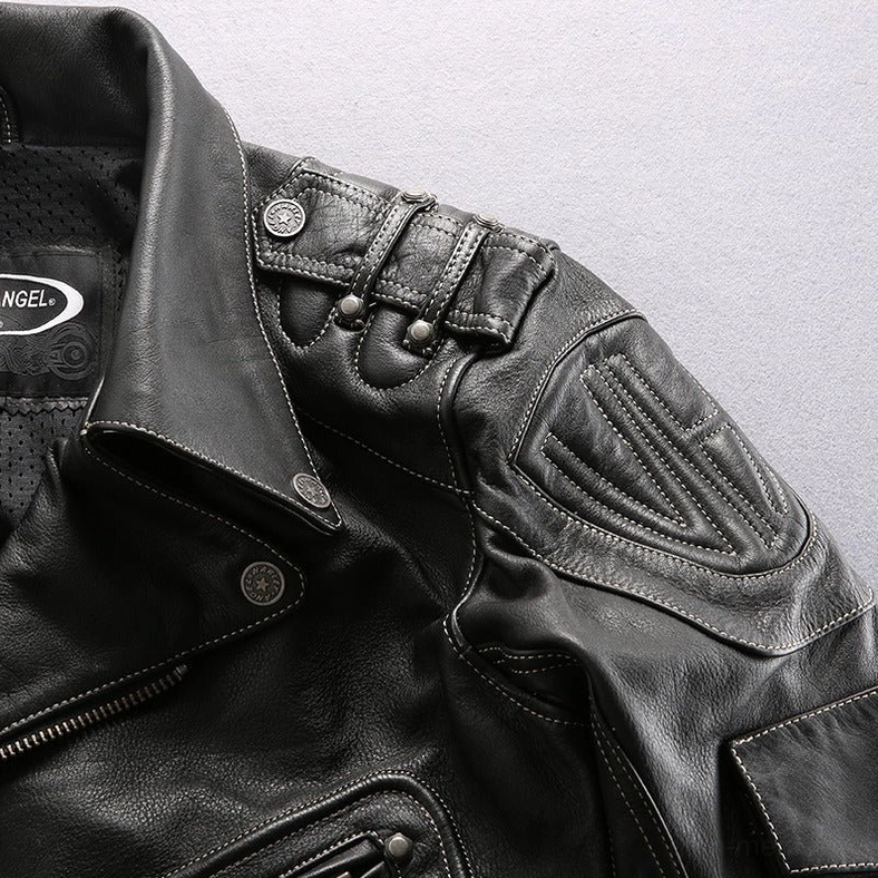Black genuine leather gothic motorcycle jacket close-up, shoulder and collar detail, branded buttons, quilted leather texture, iron rivet hardware