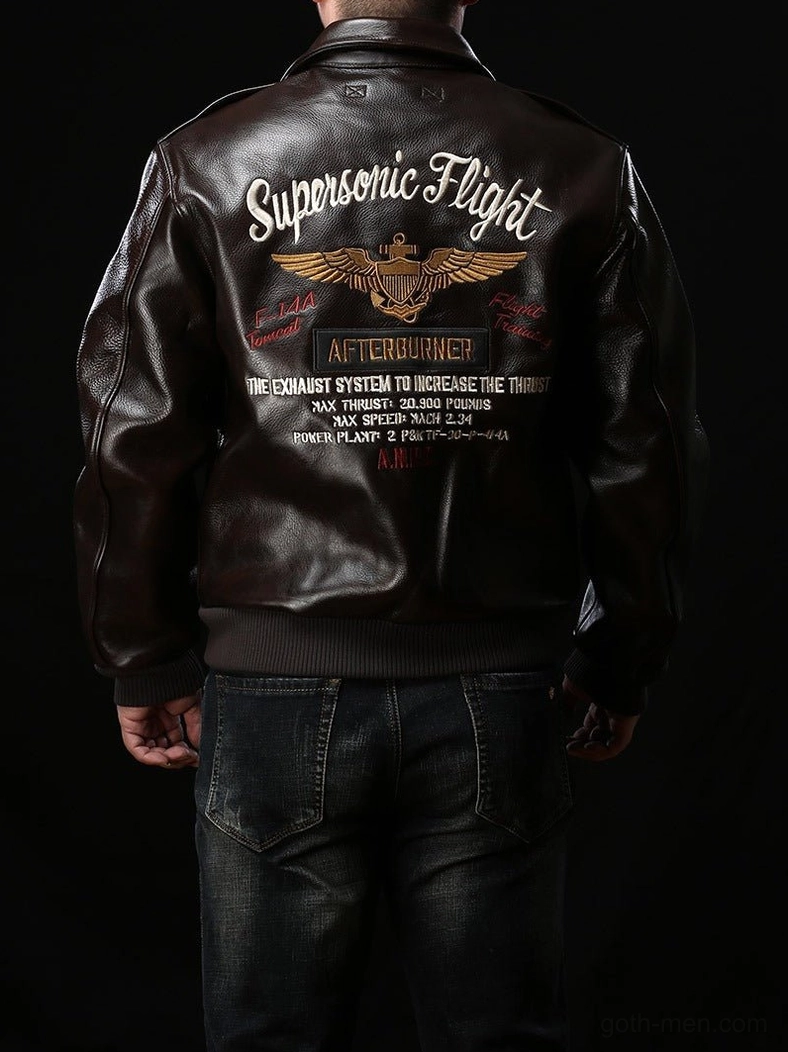 Full garment presentation of gothic leather flight biker jacket showing complete silhouette and detail elements