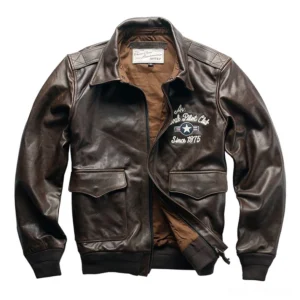 Front view of men's gothic leather flight jacket with chest embroidery, flap pockets, and zipper closure