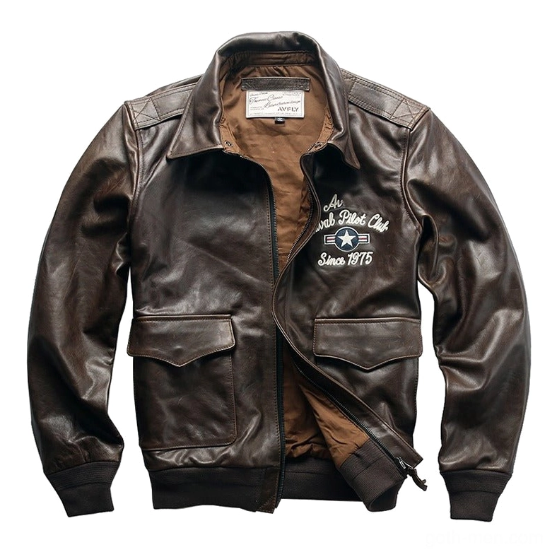 Front view of men's gothic leather flight jacket with chest embroidery, flap pockets, and zipper closure