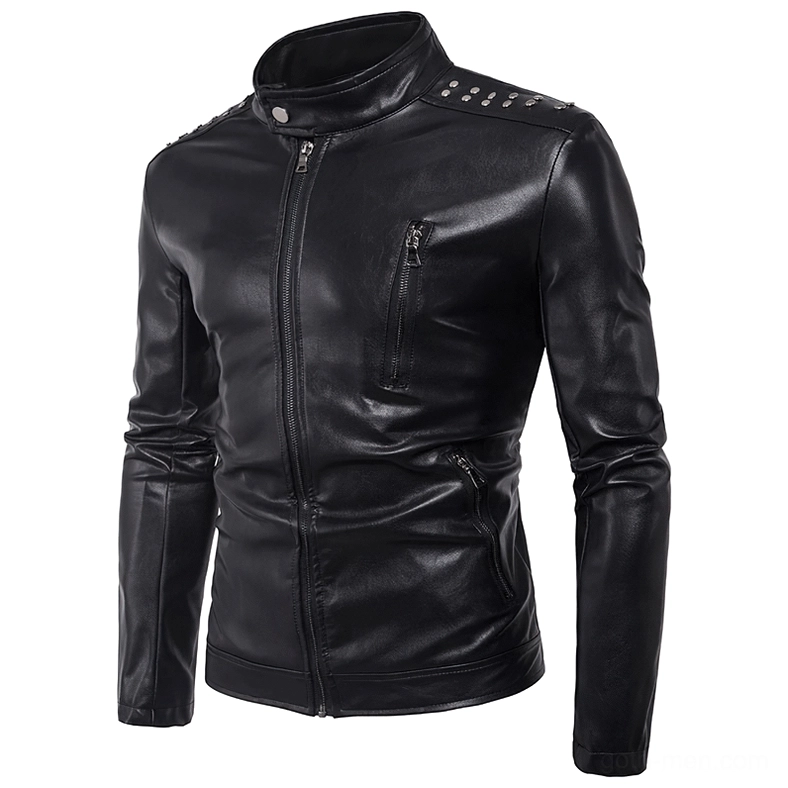 Gothic rivet leather jacket three-quarter front view with side zipper pockets and chest pocket