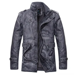 Gothic rebellion PU leather jacket front view with adjustable waist belt and stand collar