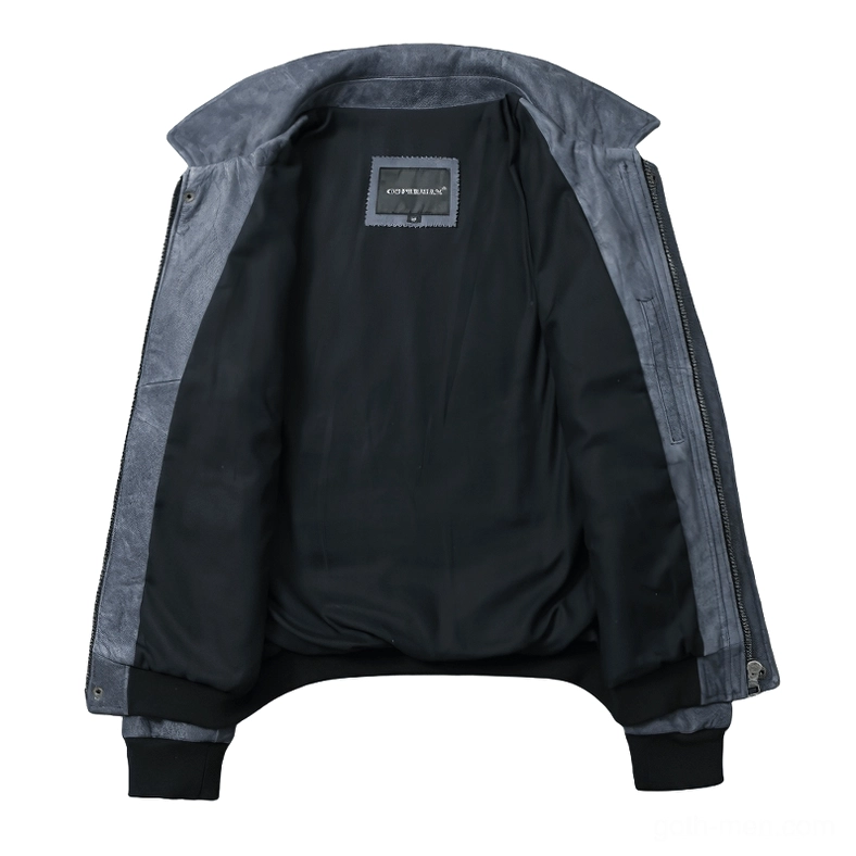 Genuine leather gothic motorcycle jacket interior lining showing grey polyester interior and ribbed cuffs construction