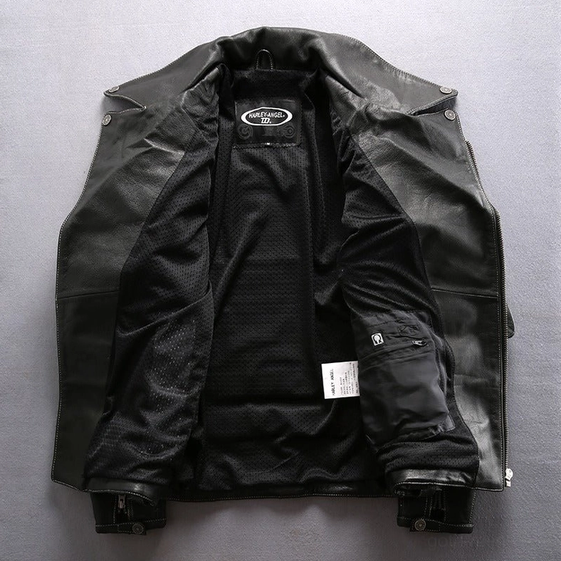 Black genuine leather gothic motorcycle jacket interior view, mesh lining, interior hidden pocket, brand tag, flat lay shot showing quality lining