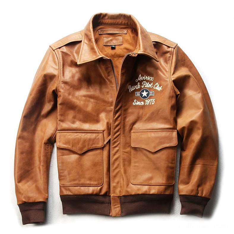 Front full view of khaki gothic leather flight jacket with chest embroidery and flap pockets