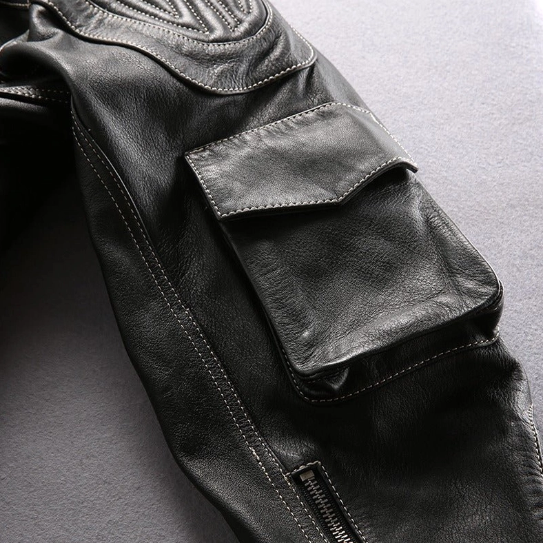 Black genuine leather gothic motorcycle jacket, pocket and zipper functionality detail, multi-pocket system showcase
