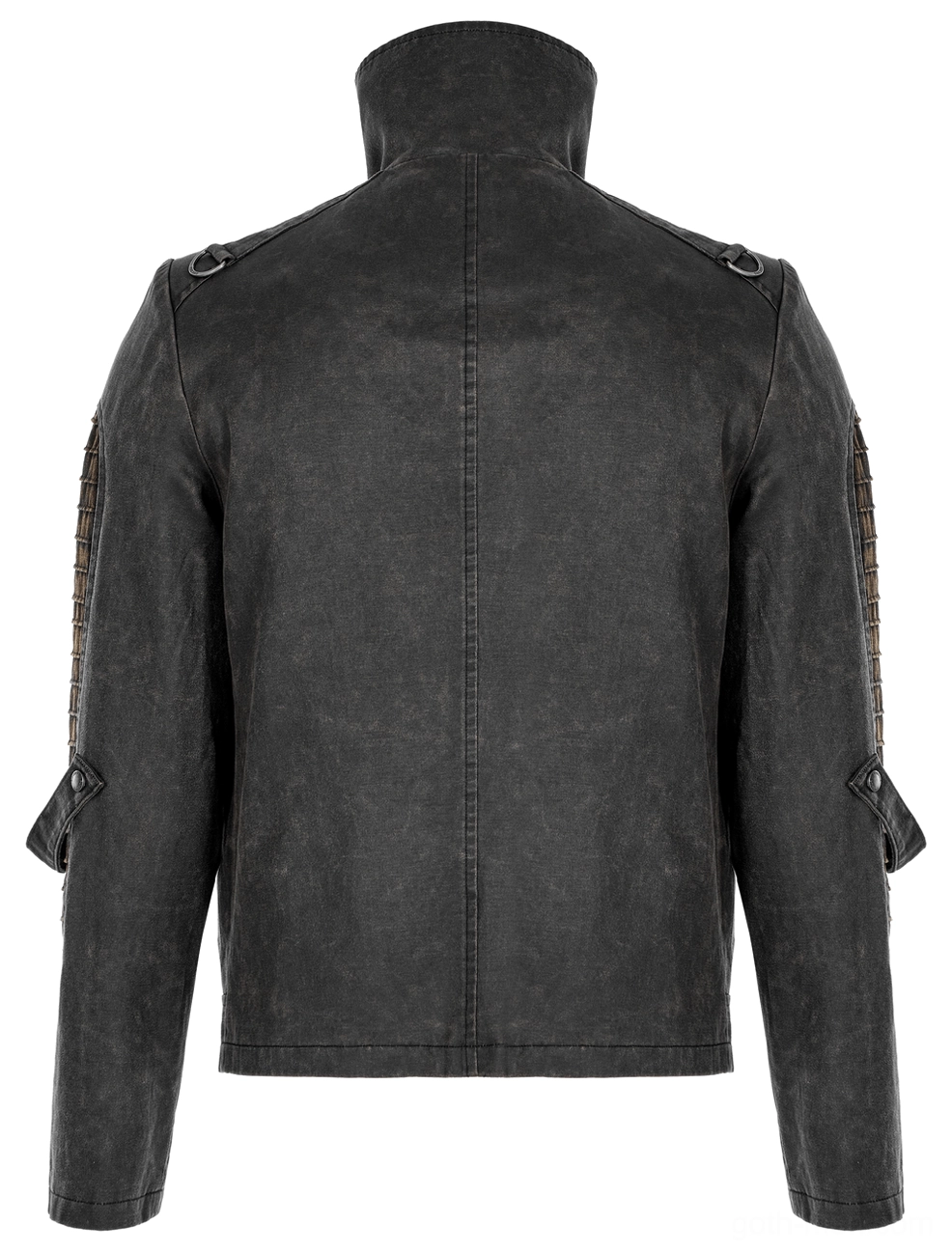 Rear flat lay of distressed gothic jacket displaying seam stitching and adjustable sleeve hardware