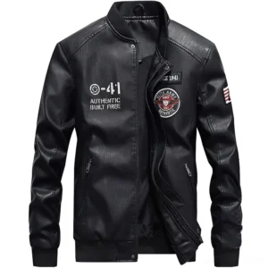 Black PU leather bomber jacket half unzipped showing zipper details and side pockets