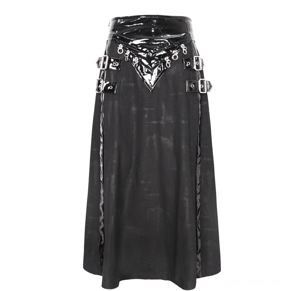 Black gothic faux leather kilt with triangular front panel and silver buckles - front three-quarter product shot