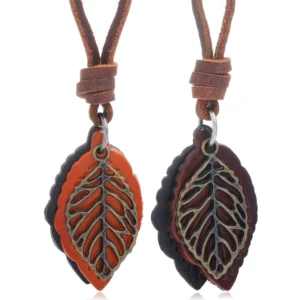 Genuine leather leaf pendant gothic necklace with dual layered leaves and bronze alloy vein details on camel cowhide strap - front view