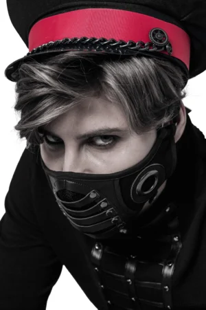 Close-up frontal view of adjustable gothic leather mask showing metal grommet details and mesh ventilation