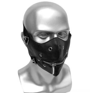 Black steampunk gothic leather face mask with metal studs and functional zipper front view on mannequin