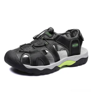 Black and grey gothic split leather men's closed-toe sandals with rubber sole, front three-quarter view