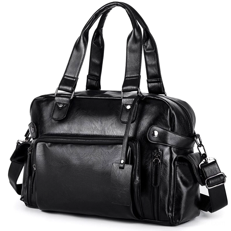 Gothic black leather messenger bag three-quarter front view with dual top handles and multiple zipper pockets