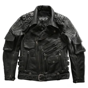 Black genuine leather gothic motorcycle jacket front view, multi-pocket design with zippered closures, turn-down collar, adjustable waist belt, flat lay product shot