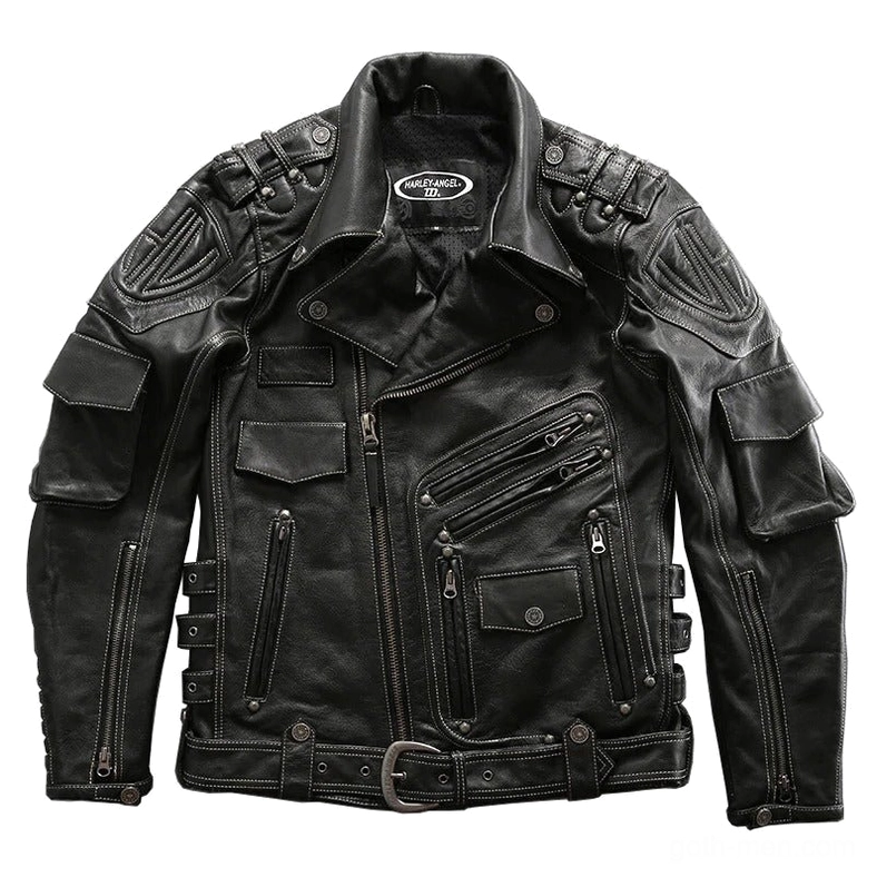 Black genuine leather gothic motorcycle jacket front view, multi-pocket design with zippered closures, turn-down collar, adjustable waist belt, flat lay product shot
