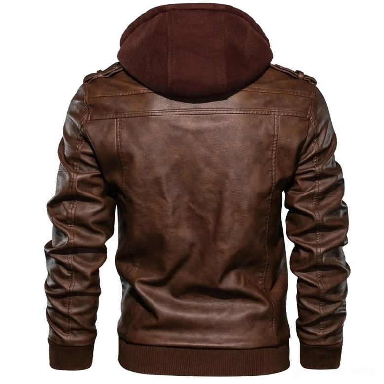 Brown gothic hooded leather motorcycle jacket rear view with maroon hood and ribbed sleeve cuffs