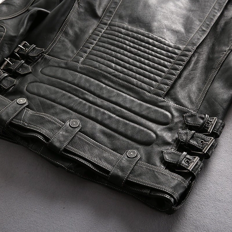 Black genuine leather gothic motorcycle jacket, full product view showcasing overall silhouette and design proportions