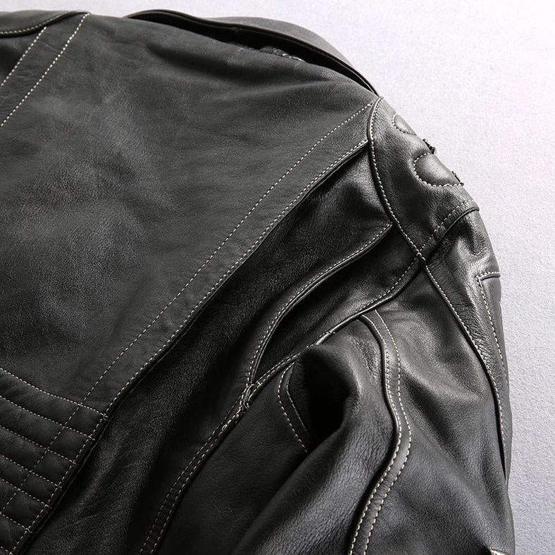 Black genuine leather gothic motorcycle jacket, lifestyle styling shot, dark aesthetic showcase, alternative fashion context