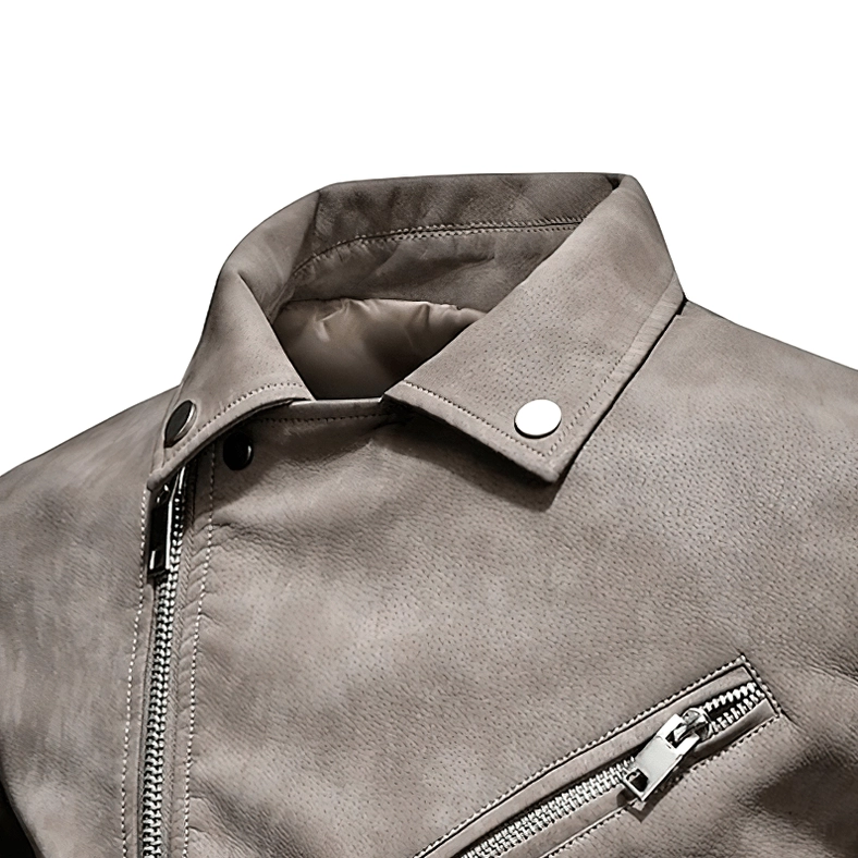Full length side profile of gothic PU leather motorcycle jacket showing silhouette and proportions