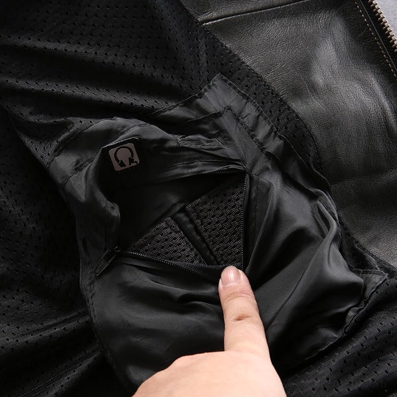 Black genuine leather gothic motorcycle jacket, sleeve and cuff detail, full-length sleeve construction, quality finishing