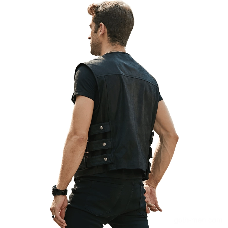 Men's black pigskin leather biker vest rear view showing adjustable side straps and sleeveless cut on slim fit model