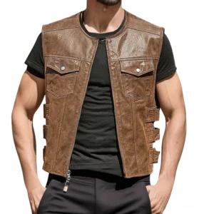 Men's brown pigskin leather gothic motorcycle vest with front metal zipper closure and snap chest pockets, front view on athletic model