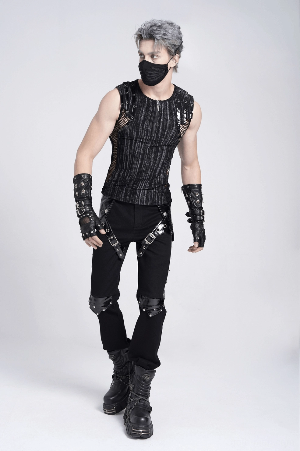 Black gothic leather pants from alternate angle displaying studded details and tailored fit