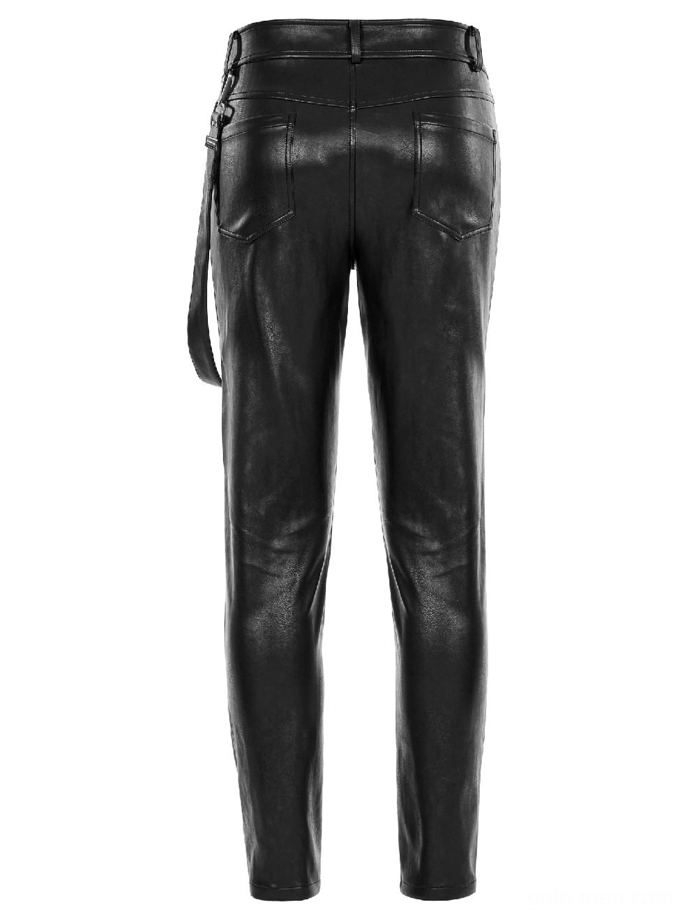 Black gothic leather pants rear flat lay displaying back patch pocket structure