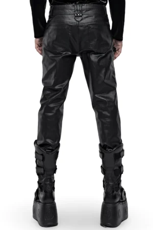 Black gothic faux leather pants rear view showing D-ring hardware and slim tapered fit on male model