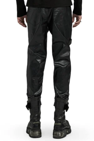 Gothic leather pants back view showing tailored waist and straight leg silhouette with clean seaming