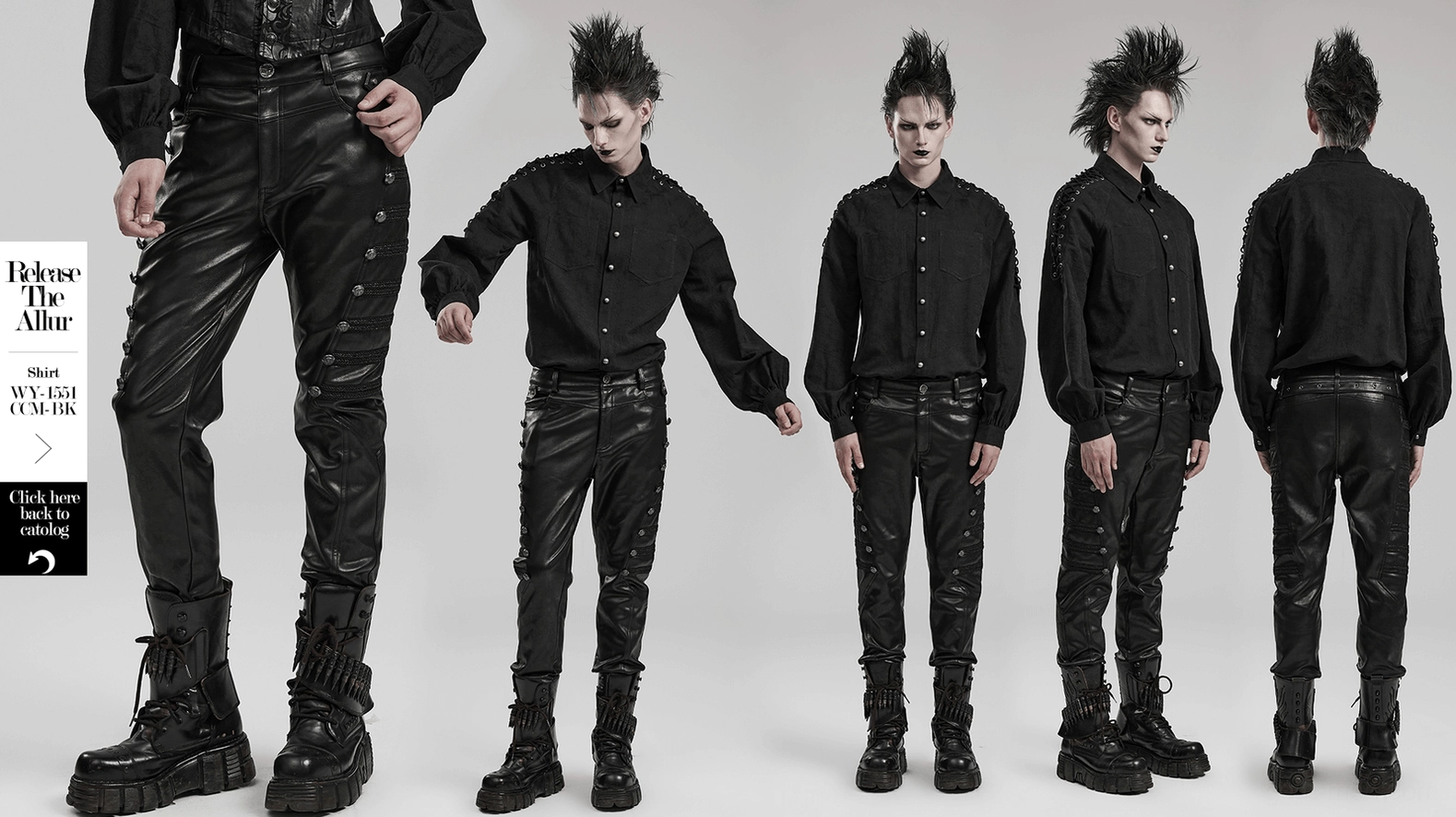 Detail view of black gothic leather pants side button rows and decorative webbing straps for personalization