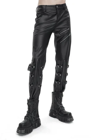 Men's black faux leather fitted gothic pants with detachable straps and knee buckles shown on model from front three-quarter angle with platform boots