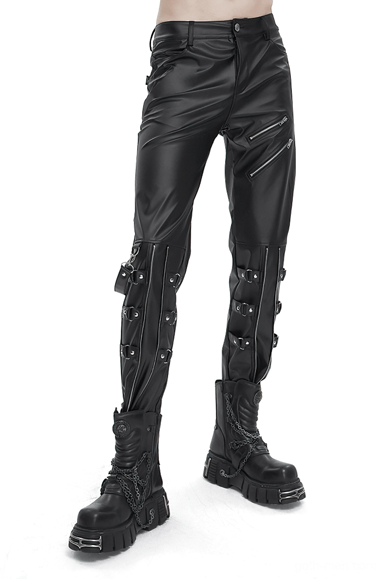 Men's black faux leather fitted gothic pants with detachable straps and knee buckles shown on model from front three-quarter angle with platform boots