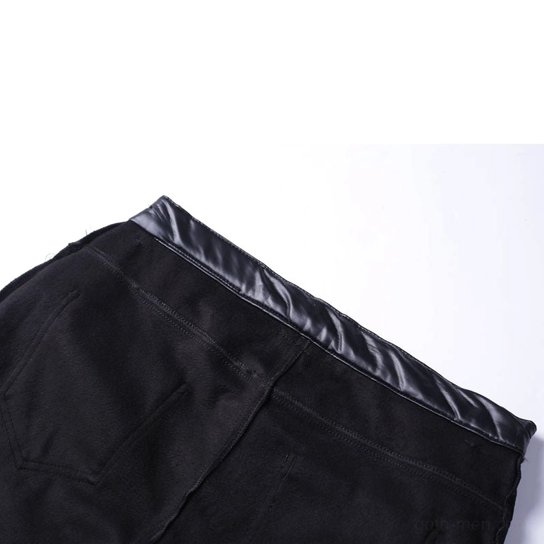 Men's gothic faux leather pants fabric sample flat lay, showing smooth leather trim and soft fleece inner lining material