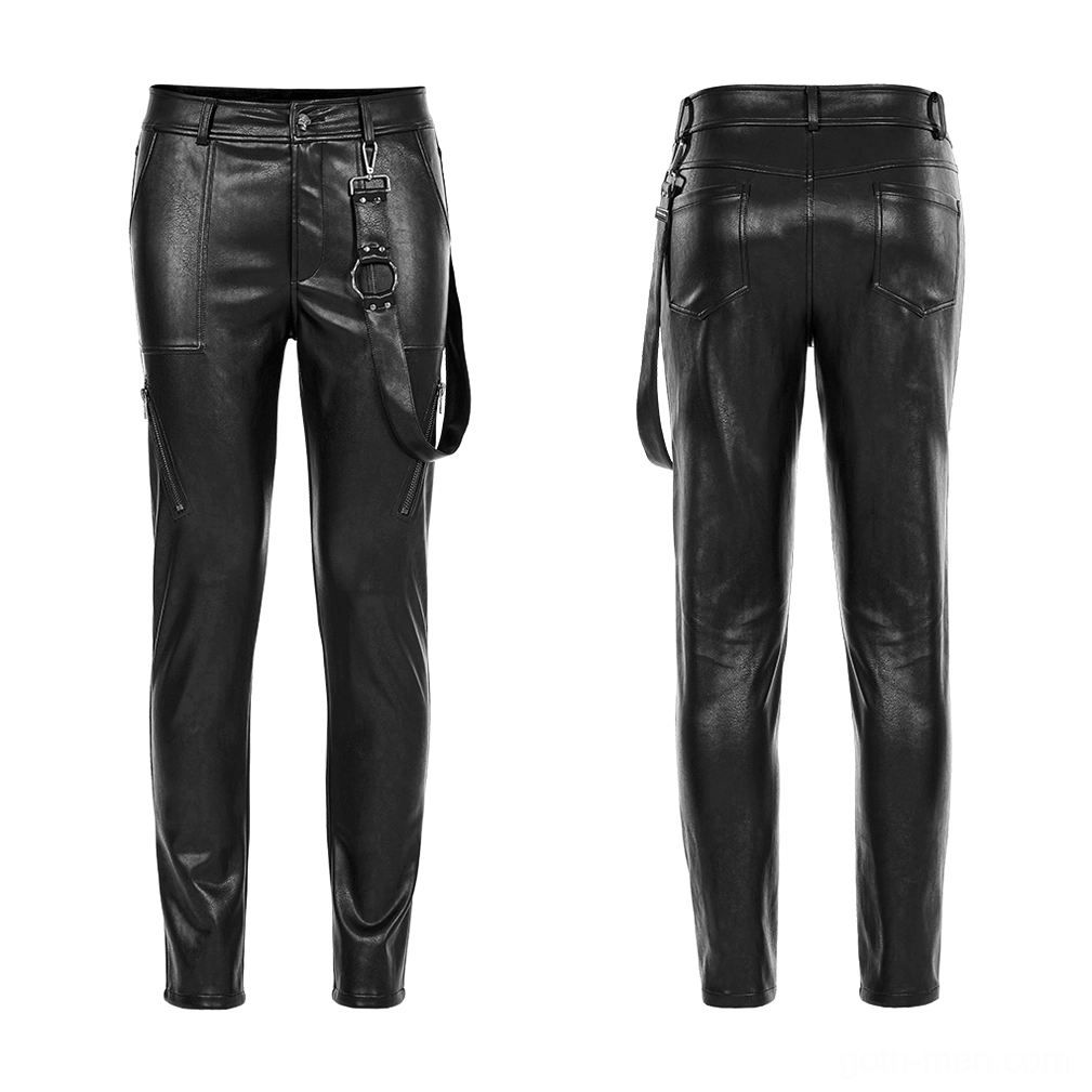 Black gothic PU leather pants front flat lay displaying removable side harness strap and construction details