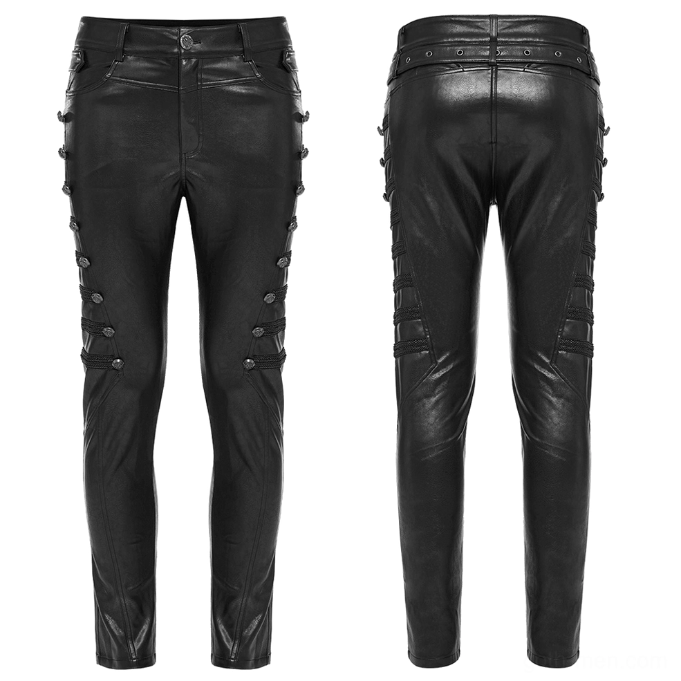 Flat lay front and rear view of black studded side-button gothic leather pants with decorative button rows
