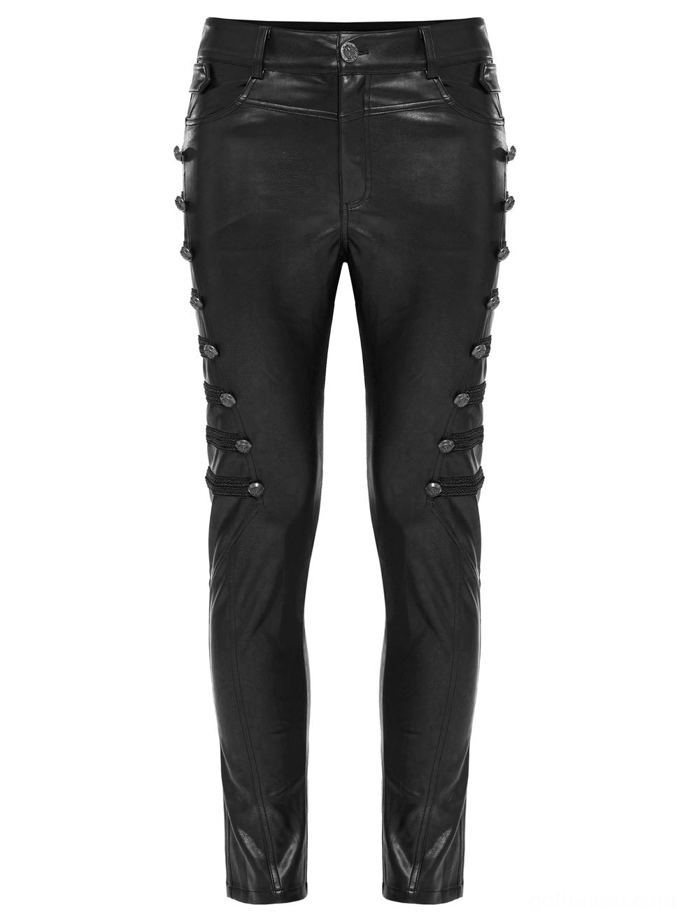 Front flat lay detail of black gothic leather pants showing dual side button rows and structured waistband
