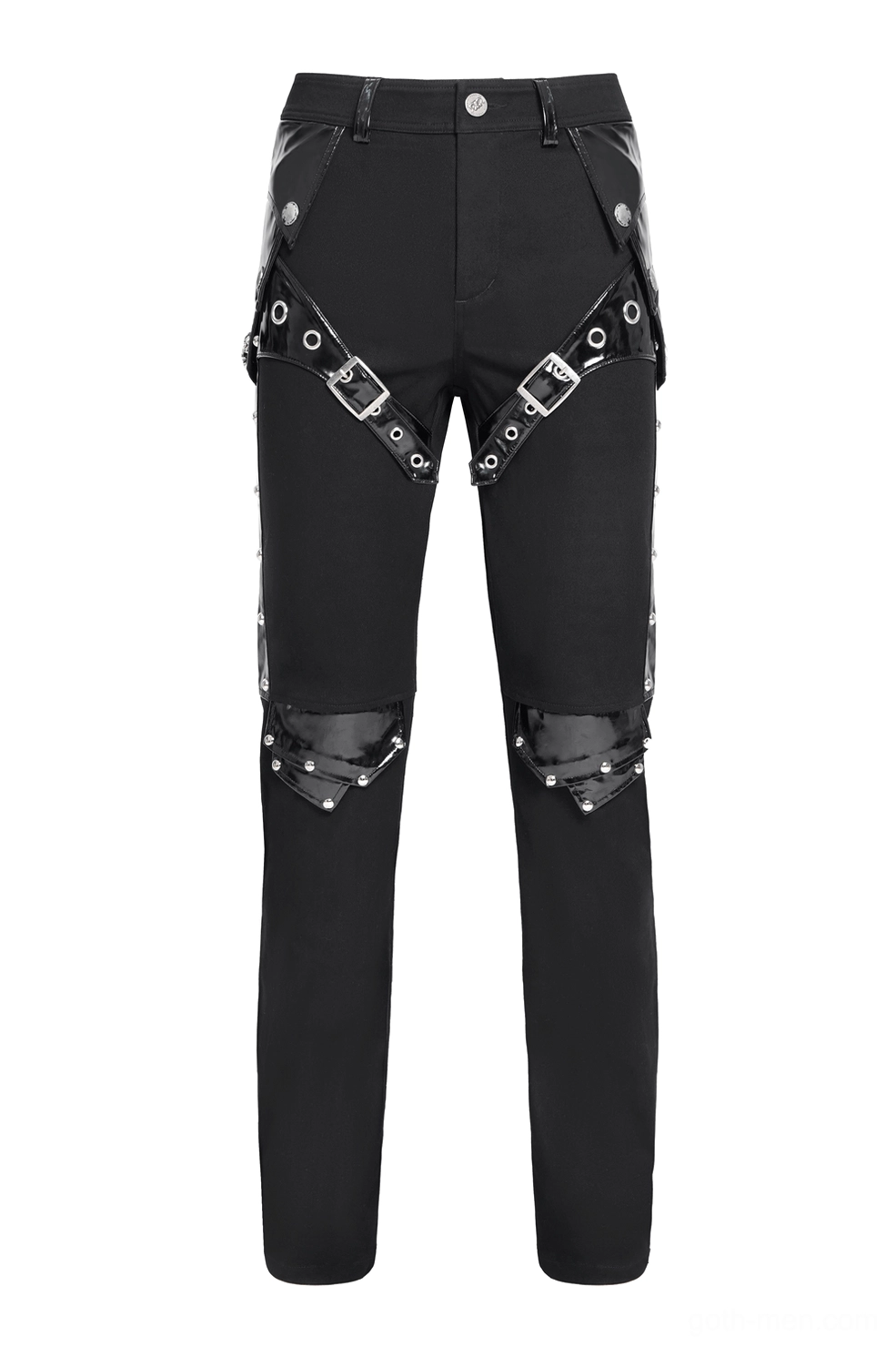 Front flat view of black gothic leather pants showing metal harness straps and knee pad studs